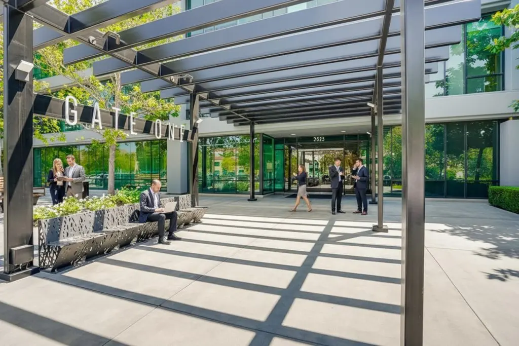 Barrister Suites Office Lease People stand and talk outside a modern office building entrance labeled GATE ONE. One person sits on a bench under a metal pergola casting shadows on the ground. The entrance has glass doors and planters.