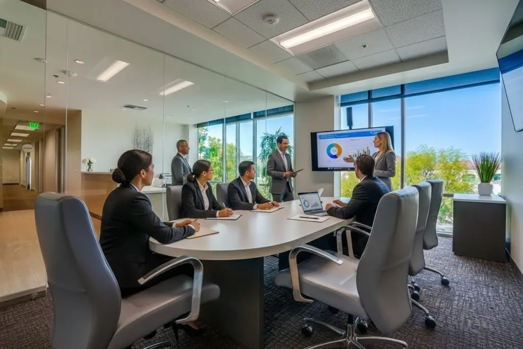 Barrister Suites Office Lease A group of six business professionals sit around a conference table in a modern office, watching a presentation on a screen displaying charts and graphs. Large windows let in natural light and greenery is visible outside.
