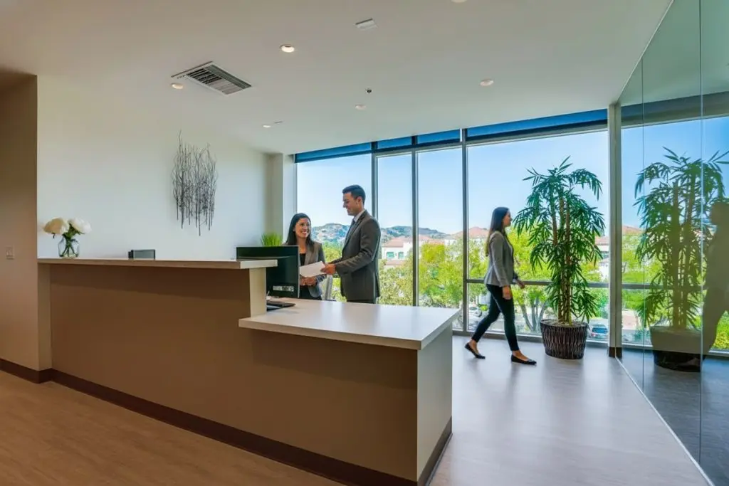 Barrister Suites Office Lease A modern office lobby with a reception desk, two people shaking hands behind the desk, and another person walking by large windows with mountain views and potted plants.