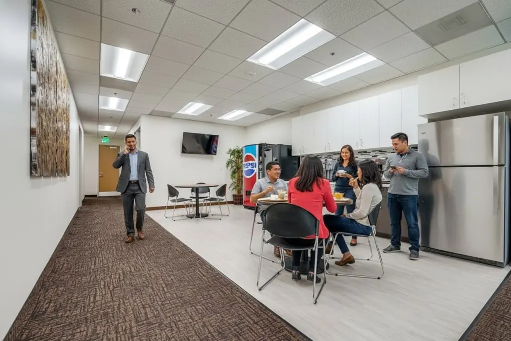 Barrister Suites Office Lease Five people are sitting and standing around a table in an office break room, eating and talking. Another person in business attire is walking through the room while talking on a phone. There’s a Pepsi vending machine and kitchen appliances.