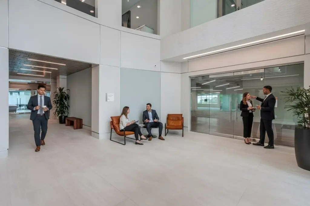 Barrister Suites Office Lease Modern office lobby with five people in business attire; two seated and talking, three standing and conversing near glass doors. The space is bright with white walls, floor tiles, and indoor plants.