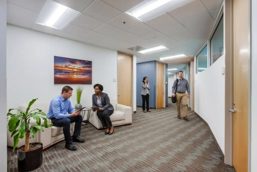 Barrister Suites Office Lease Two people sit on white sofas talking in a modern office hallway, while another person walks down the corridor and a fourth person stands by an office door. A potted plant and a sunset painting decorate the space.