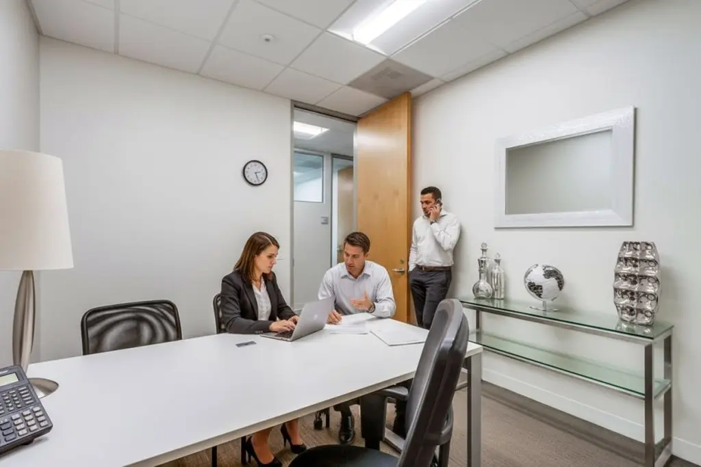 Barrister Suites Office Lease Three people in a modern office: two sit at a white desk discussing documents and using a laptop, while a third person stands by the door, talking on a phone. Shelves with decor and a clock are on the walls.