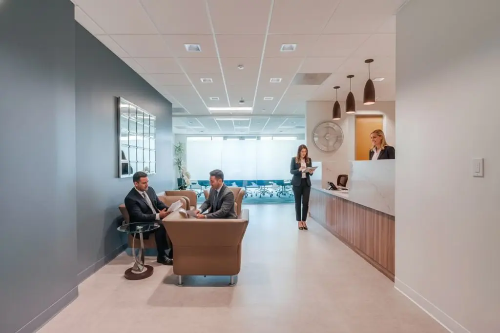 Barrister Suites Office Lease A modern office lobby with two men in suits sitting and talking at a small table, while two women stand near a reception desk. The space is bright with neutral colors and contemporary decor.