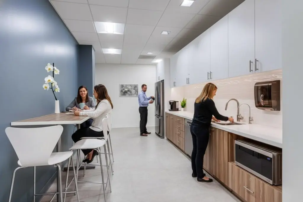 Barrister Suites Office Lease Modern office kitchen with three women and one man. Two women sit and talk at a counter, another woman uses the sink, and the man prepares coffee near the refrigerator. The space is clean and bright with white and wood decor.