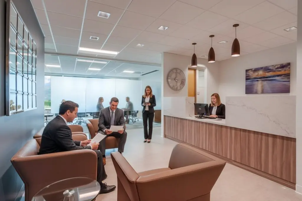 Barrister Suites Office Lease A modern office lobby with people in business attire; two men sit and review papers, a woman stands holding a tablet, another woman works at a reception desk, and two people meet in a glass-walled office.