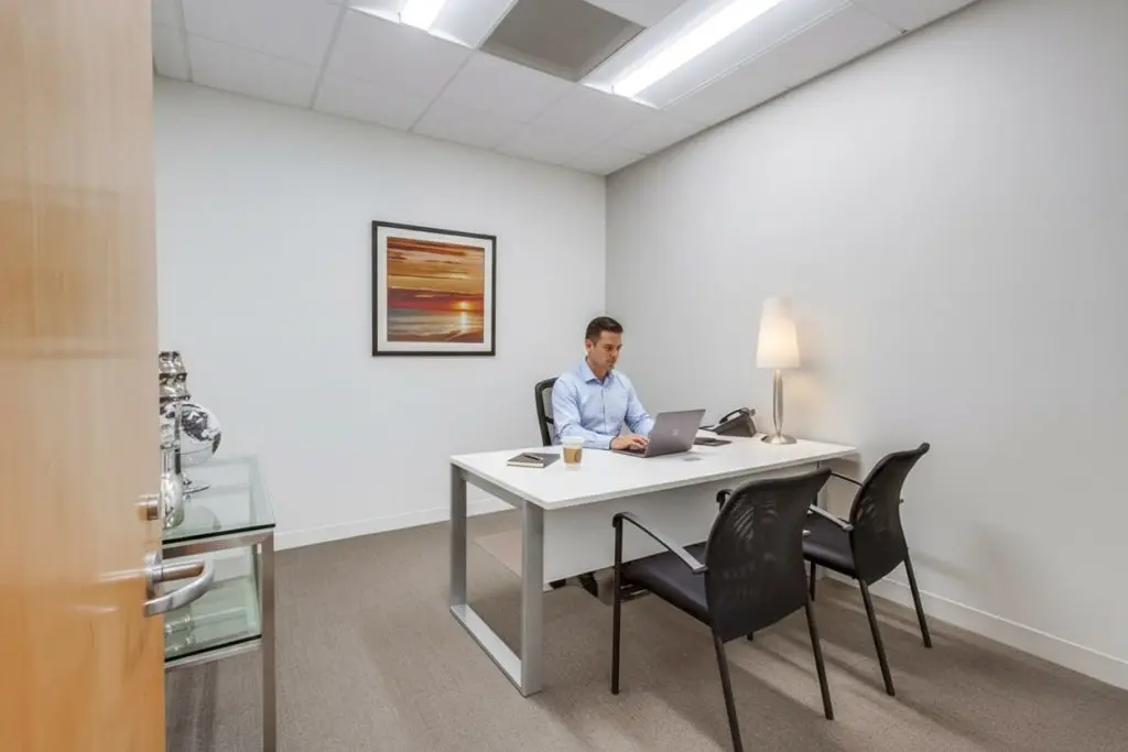 Barrister Suites Office Lease A man in business attire sits at a white desk working on a laptop in a modern, minimalistic office with neutral colors, a lamp, two black chairs, and a framed sunset picture on the wall.