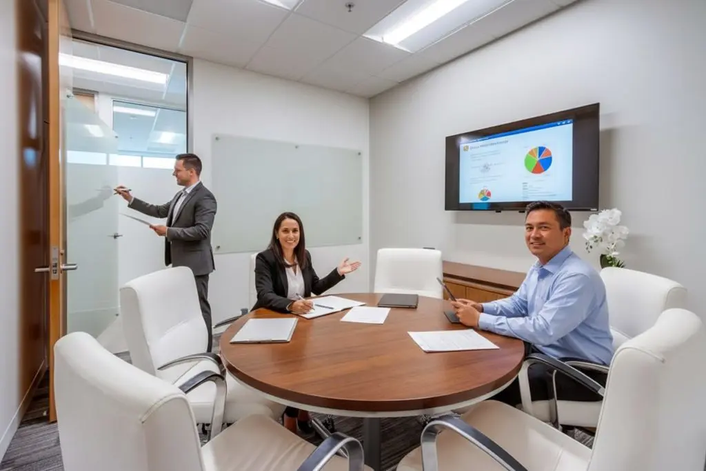Barrister Suites Office Lease Three professionals in a modern conference room: two sit at a round table with documents, smiling, while one stands by a whiteboard. A screen shows a colorful pie chart and reports on the wall.