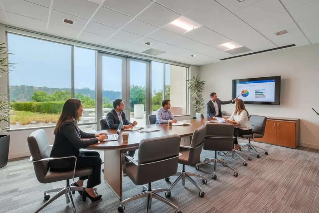 Barrister Suites Office Lease Five people in business attire sit around a conference table in a modern office, with one person standing and presenting charts on a large screen. Large windows show greenery outside.