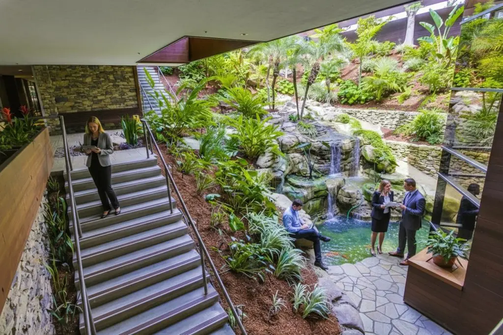 Barrister Suites Office Lease An office space with indoor greenery, a waterfall, and pond. Four people are working: one on stairs, one sitting by the water, and two standing and talking near the pond, surrounded by plants and natural light.