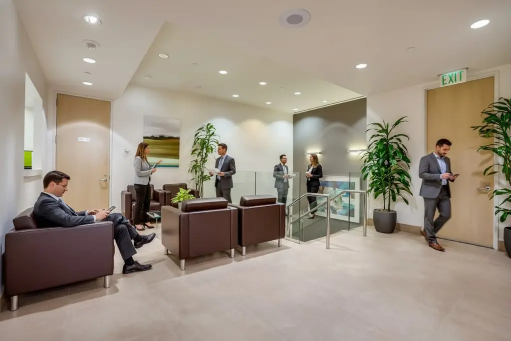 Barrister Suites Office Lease A modern office lobby with five people in business attire; some are seated, others are standing and talking or using their phones. The space features brown chairs, plants, and neutral decor.