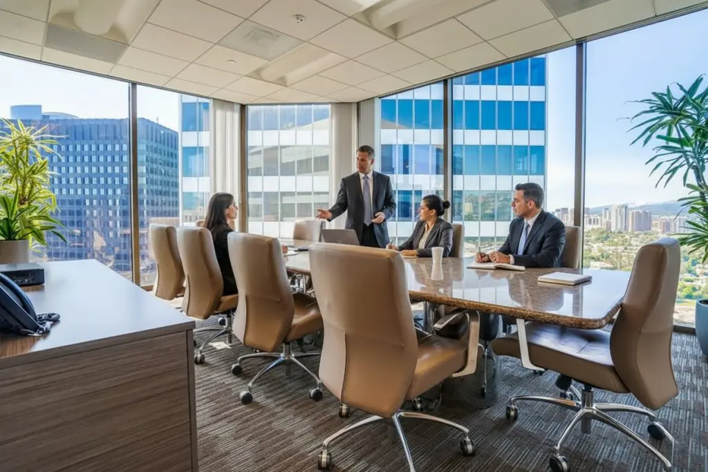Barrister Suites Office Lease Four people in business attire are having a meeting in a modern conference room with large windows and city views. One person is standing and speaking, while the others are seated and listening.