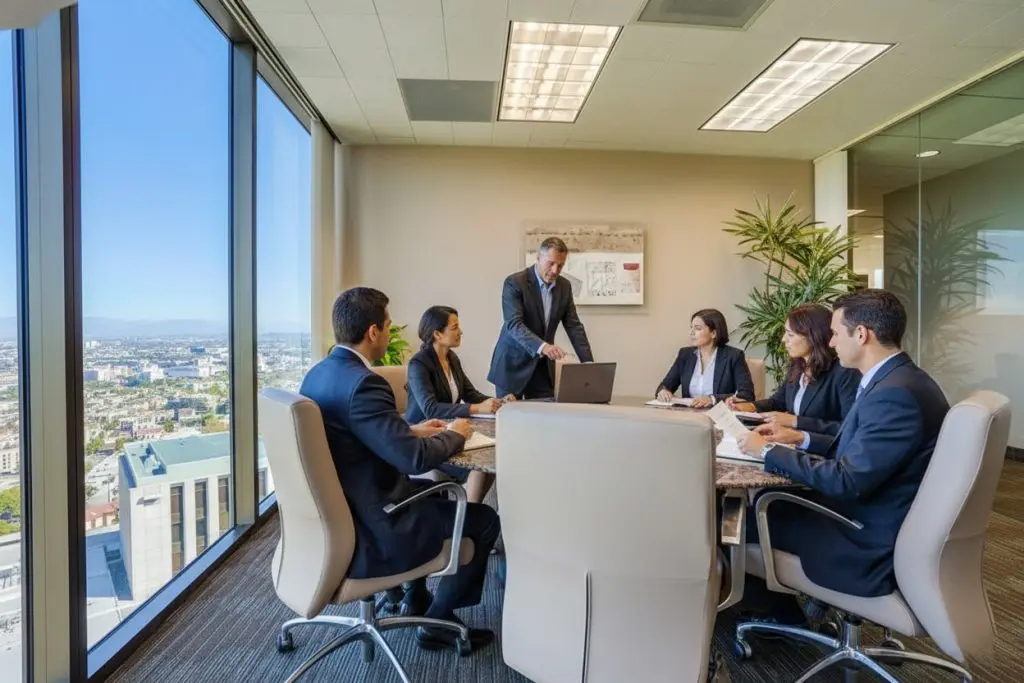 Barrister Suites Office Lease Six people in business attire sit around a conference table in a modern office with large windows and a city view. One person stands, presenting to the group, while the others listen and take notes.