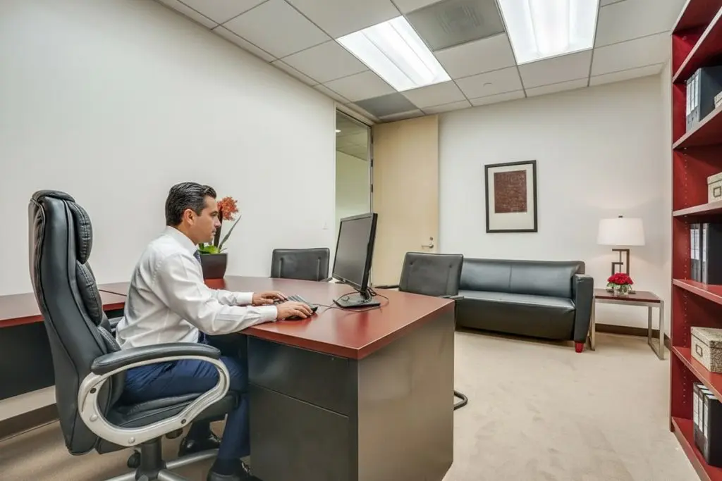 Barrister Suites Office Lease A man in business attire sits at a desk working on a computer in a modern office with a black chair, a black couch, shelves with books, and a lamp on a side table.
