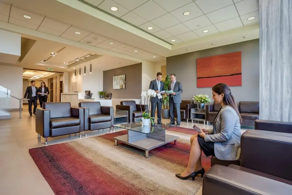 Barrister Suites Office Lease A modern office lobby with dark leather chairs, a large rug, and a glass coffee table. One woman sits reading, while four people in business attire talk and walk in the background. Abstract art hangs on the wall.