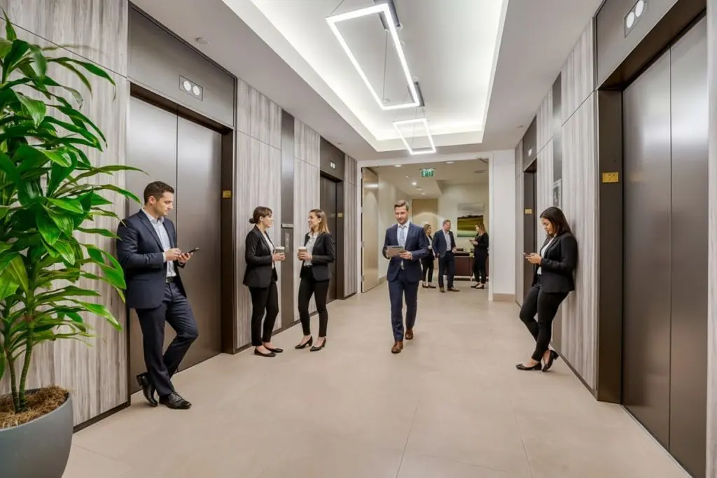 Barrister Suites Office Lease Six professionally dressed people stand or walk in a modern office building hallway with four elevator doors, bright lighting, beige floor tiles, and a large green plant on the left. Some use phones or tablets, others converse.