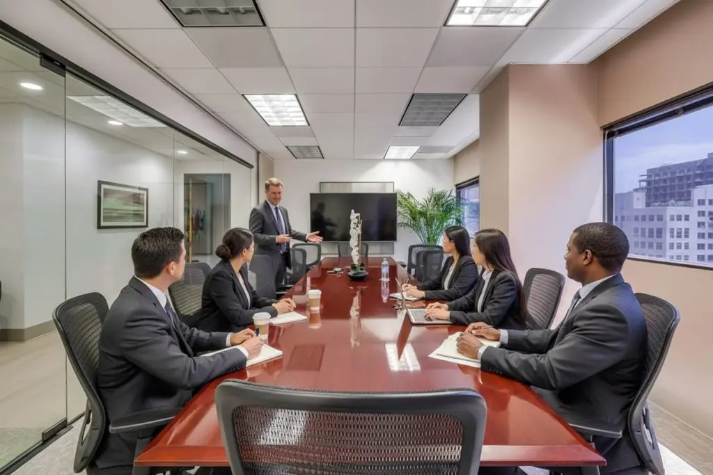Barrister Suites Office Lease A group of professionals in business attire sit around a conference table, listening to a man standing at the front of the room giving a presentation. A large screen, windows, and office decor are visible in the background.