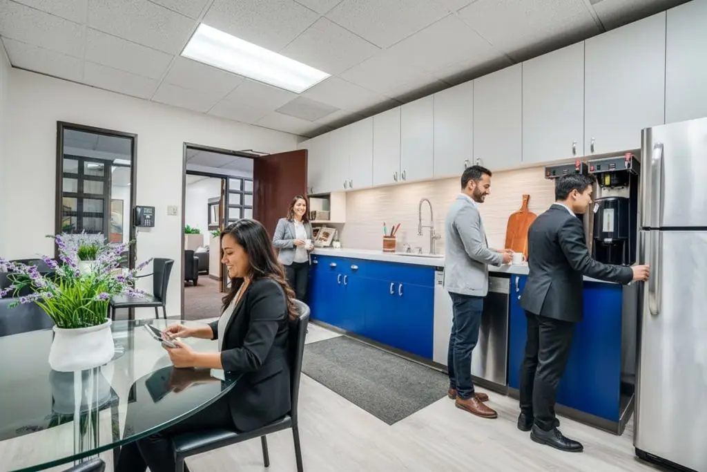 Barrister Suites Office Lease Four people in business attire are in a modern office kitchen; one sits at a table using a phone, while the others make coffee and use the refrigerator. The kitchen has blue cabinets and a vase of flowers on the table.