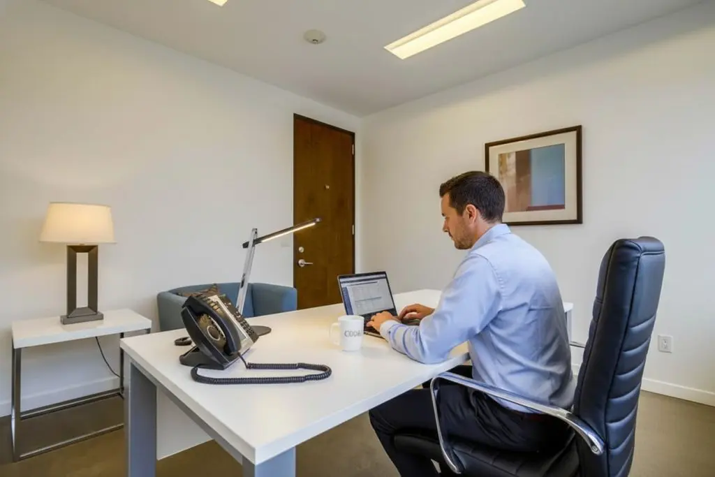Barrister Suites Office Lease A man in a light blue shirt sits at a white desk in an office, working on a laptop. A desk phone, lamp, and mug are on the desk. The room has white walls, a framed picture, and a closed wooden door.