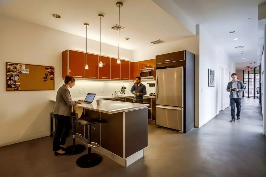 Barrister Suites Office Lease Modern office kitchen with three people; one works on a laptop at a counter, another stands by the stove, and a third walks down the hallway. The space features stainless steel appliances and warm lighting.