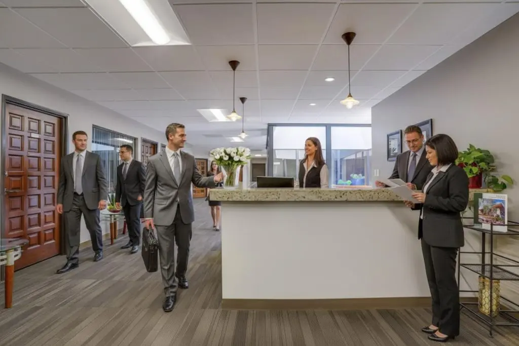 Barrister Suites Office Lease A group of professionally dressed people interact and walk through a modern office lobby with a reception desk, potted plants, and large windows in the background.