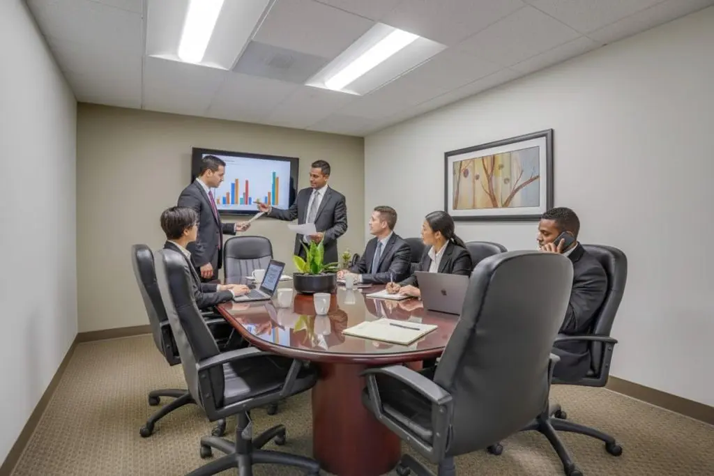 Barrister Suites Office Lease Five business professionals are in a conference room. Two stand by a screen displaying colorful bar graphs, while three sit at a table with laptops and papers. One person is on the phone; others are listening or discussing.