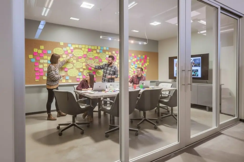 Barrister Suites Office Lease Four people in a modern office meeting room collaborate, covering a corkboard wall with colorful sticky notes while seated and standing around a table with laptops, notebooks, and coffee cups.
