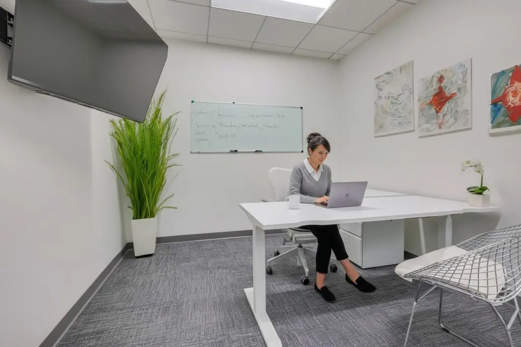 Barrister Suites Office Lease A woman sits at a white desk using a laptop in a modern, minimalist office. The room features abstract art, a large plant, a wall-mounted TV, and a whiteboard with writing on it.