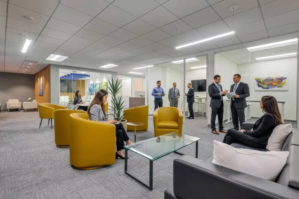 Barrister Suites Office Lease Modern office lounge with yellow chairs, glass tables, and business professionals talking in small groups. Some people are seated while others stand and converse near glass-walled offices in the background.