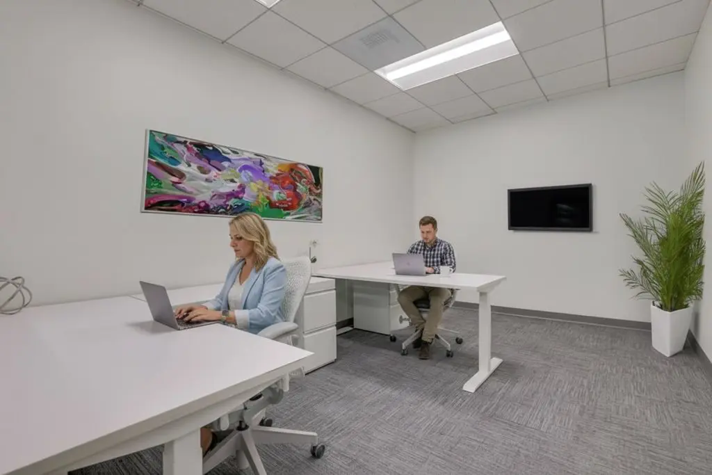 Barrister Suites Office Lease Two people work on laptops at separate white desks in a modern, minimal office with gray carpet, a colorful abstract painting, a wall-mounted TV, and a potted plant in the corner.