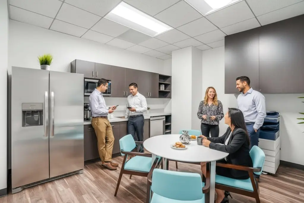Barrister Suites Office Lease Five colleagues in business attire chat and enjoy drinks in a modern office kitchen with a round table, fridge, cabinets, and contemporary decor. Two stand by the counter, while three are seated or standing near the table.