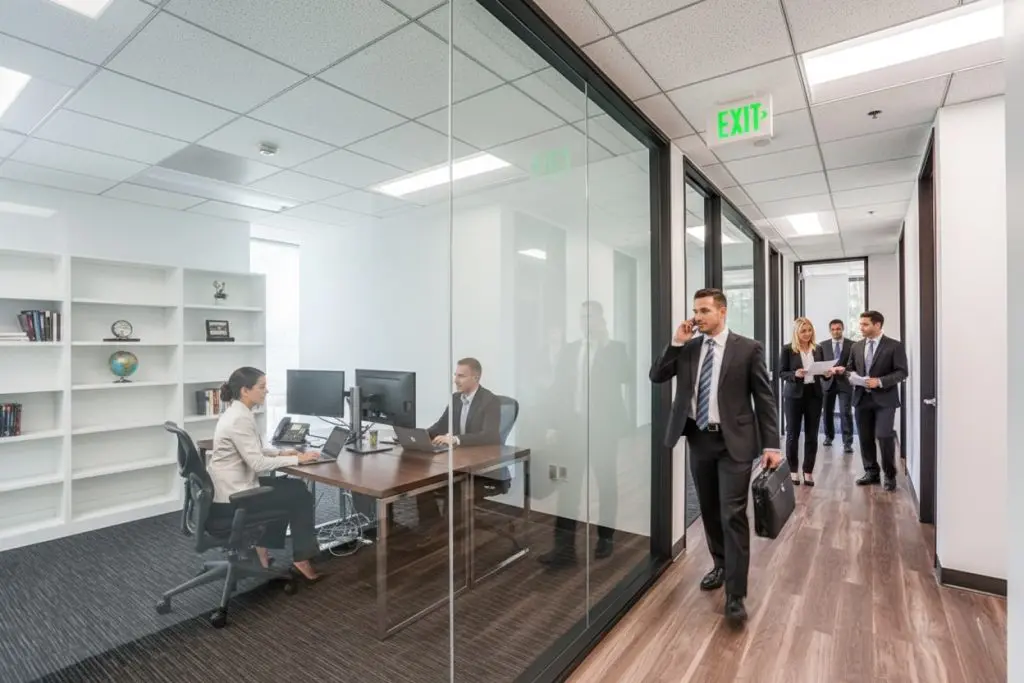 Barrister Suites Office Lease A modern office hallway with glass walls, showing people walking and talking. Inside one office, two people sit at desks with computers, while four others walk down the hallway; one man is on the phone carrying a briefcase.