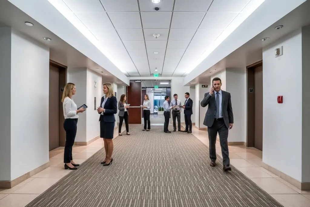 Barrister Suites Office Lease Business professionals stand and talk in a modern office hallway with elevators on both sides; one man walks while speaking on his phone, and others converse or hold documents.
