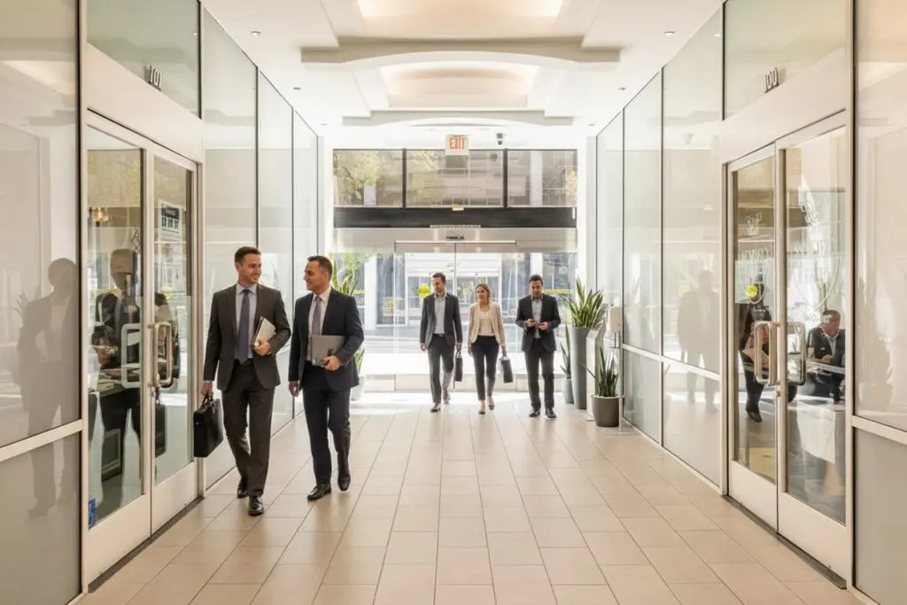 Barrister Suites Office Lease A group of professionally dressed people walk through a modern office building lobby with glass walls, natural light, and plants, appearing engaged in conversation and heading toward the entrance.
