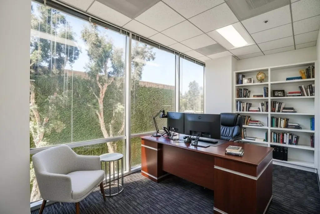 Barrister Suites Office Lease A modern office with a wooden desk, computer monitors, bookshelves filled with books, a white armchair, and large windows overlooking green trees and an ivy-covered wall.