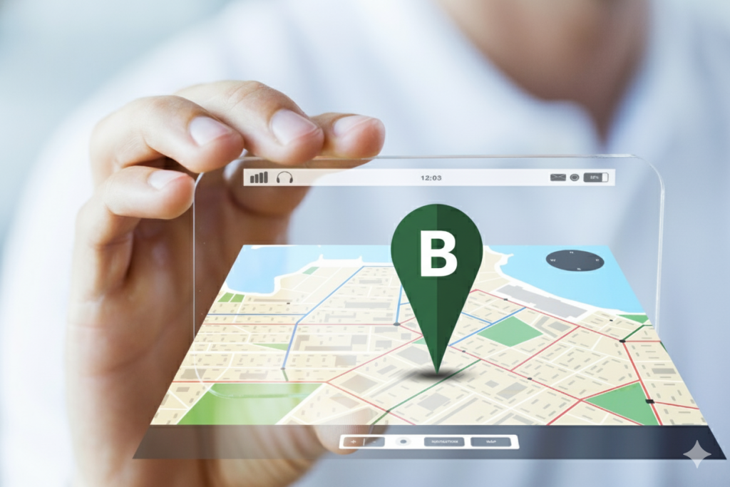 Barrister Suites Office Lease A person holds a transparent digital tablet displaying a 3D map with a large green location pin marked “B,” suggesting navigation or route planning.