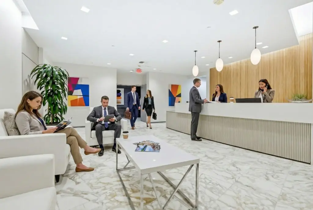 Barrister Suites Office Lease A modern office lobby with people in business attire; some are seated and reading, while others stand at a reception desk. The space is bright, with marble floors, white walls, plants, and colorful artwork.