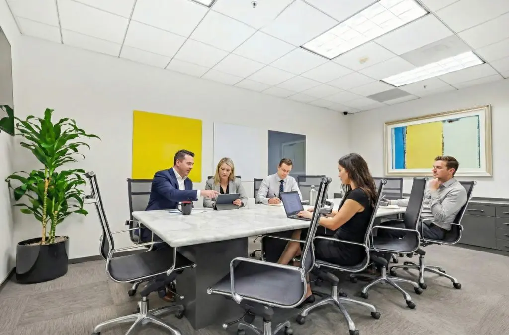 Barrister Suites Office Lease Five people in business attire sit around a conference table in a modern office, working on laptops and tablets. Abstract art hangs on the wall, and a large plant is in the corner. The atmosphere appears professional and focused.