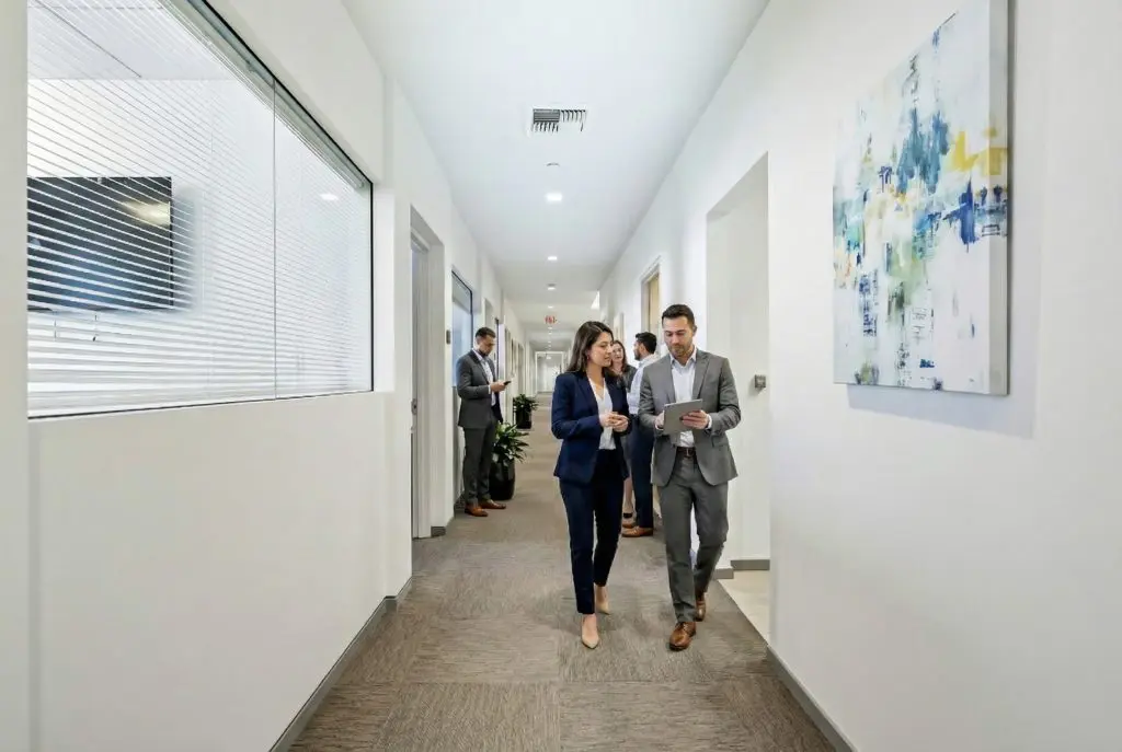 Barrister Suites Office Lease Two professionally dressed people walk and talk down a modern office hallway, holding documents. Two other people stand and talk in the background. The hallway is bright with white walls and abstract art.