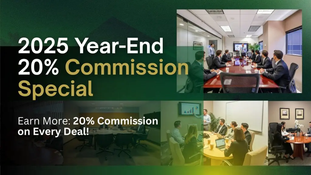 Barrister Suites Office Lease Promotional graphic for a “2025 Year-End 20% Commission Special.” Includes text about earning a 20% commission and three images of business professionals in conference rooms during meetings.
