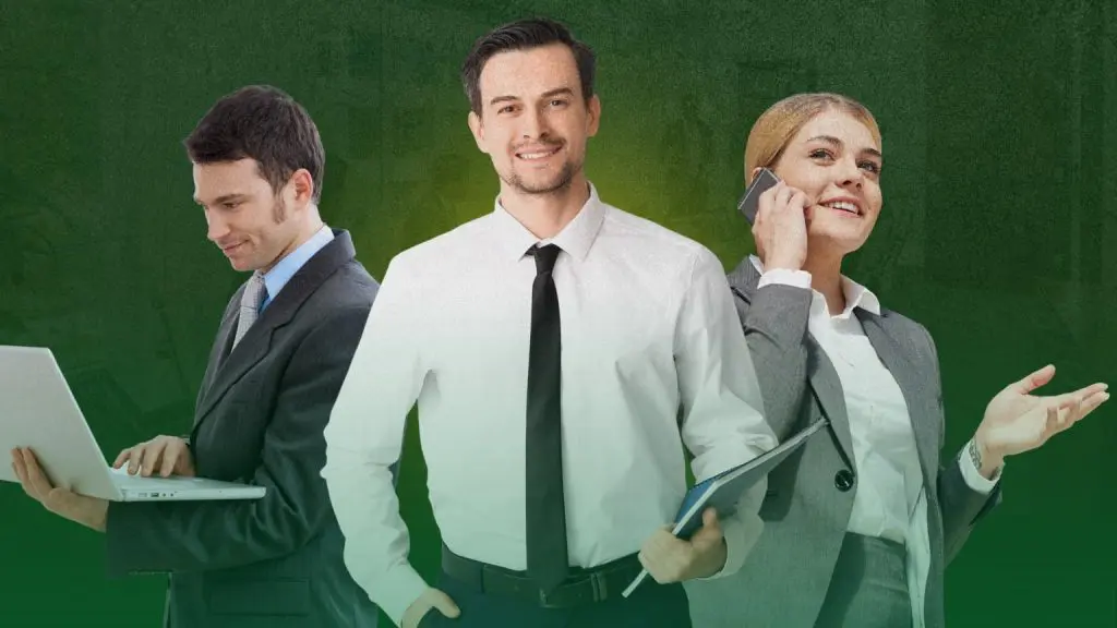 Barrister Suites Office Lease Three business professionals in formal attire: one man working on a laptop, another man smiling with hands in pockets, and a woman talking on a smartphone while holding a tablet, all standing against a green background.