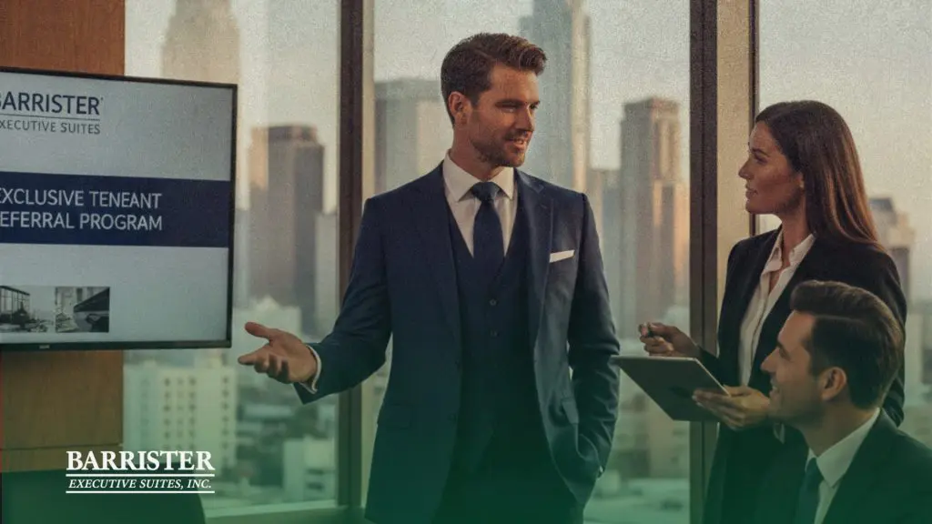 Barrister Suites Office Lease A man in a suit presents to two colleagues in an office with large windows and a city view. A screen displays Exclusive Tenant Referral Program and the Barrister Executive Suites, Inc. logo.