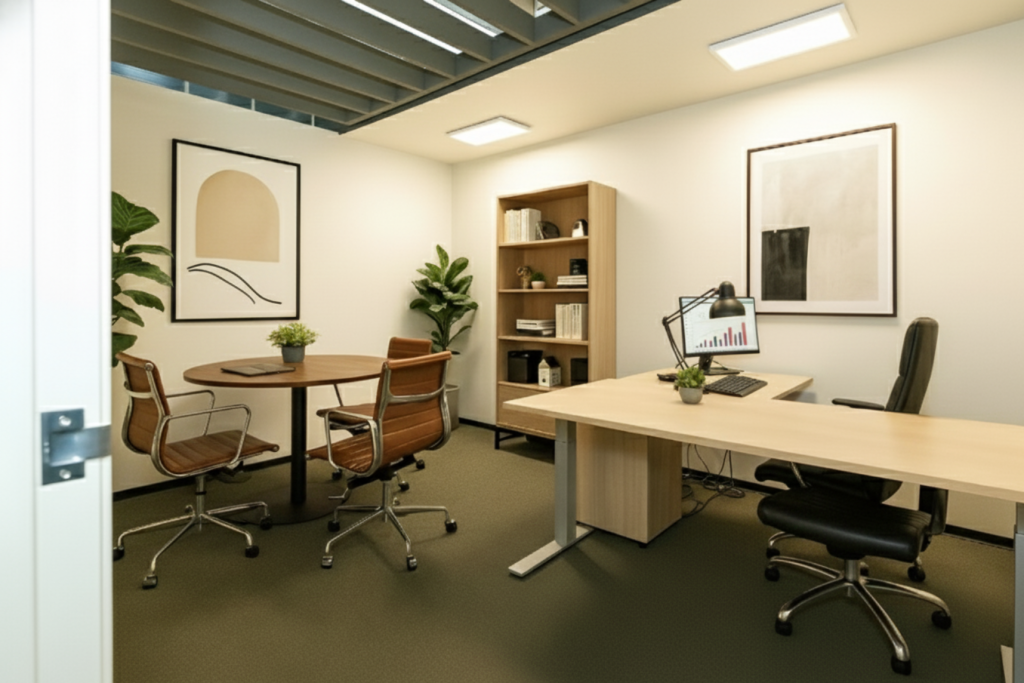 Barrister Suites Office Lease A modern office with a desk, computer, and chair, a round meeting table with three chairs, two potted plants, bookshelves, and abstract art on the walls. The room is well-lit with a neutral color scheme.