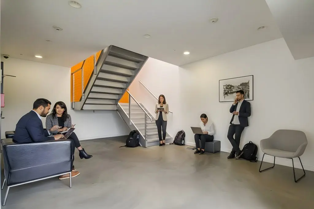Barrister Suites Office Lease Five people in business attire work on laptops and tablets in a modern office lounge with gray chairs, a staircase, and a white wall decorated with a framed picture.
