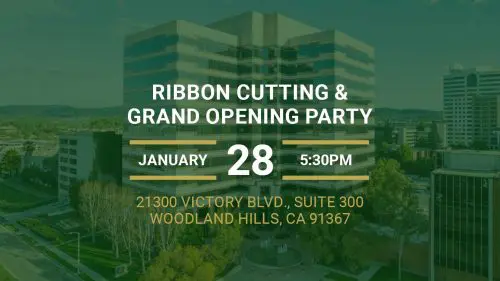 Barrister Suites Office Lease Event invitation graphic for a ribbon cutting and grand opening party on January 28 at 5:30 PM, located at 21300 Victory Blvd, Suite 300, Woodland Hills, CA 91367, overlaid on an office building background.