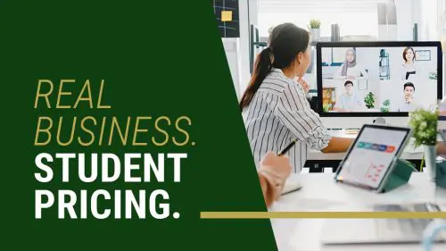 Barrister Suites Office Lease A student watches an online meeting with four people on a computer screen in a modern, bright workspace. Large text on the left reads: Real Business. Student Pricing.