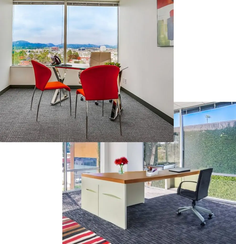 Barrister Suites Office Lease Two modern office spaces: the first has two red chairs and a table near a large window with a city view; the second features a desk with a chair and a flower vase beside a window overlooking greenery.