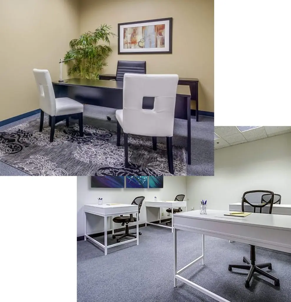 Barrister Suites Office Lease Two modern office spaces: one with a black desk, white chairs, a plant, and artwork; the other with white desks, black chairs, notepads, and pens on gray carpet.