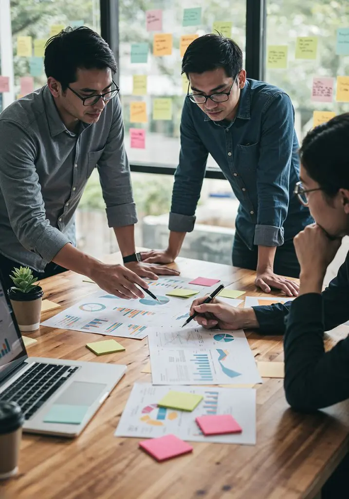 Barrister Suites Office Lease Three people are discussing colorful charts and graphs spread on a wooden table in a modern office, surrounded by sticky notes on the window and a laptop, indicating a collaborative business meeting.