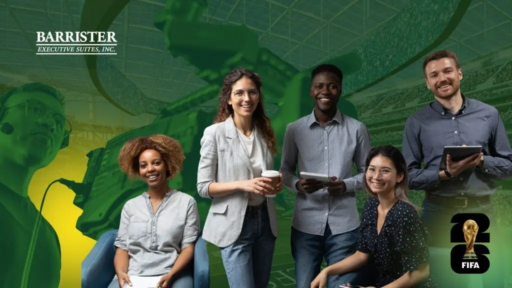 Barrister Suites Office Lease A diverse group of five smiling professionals stands in front of a green stadium background with the Barrister Executive Suites, Inc. logo and a FIFA graphic. Some hold notebooks, a tablet, and a coffee cup.